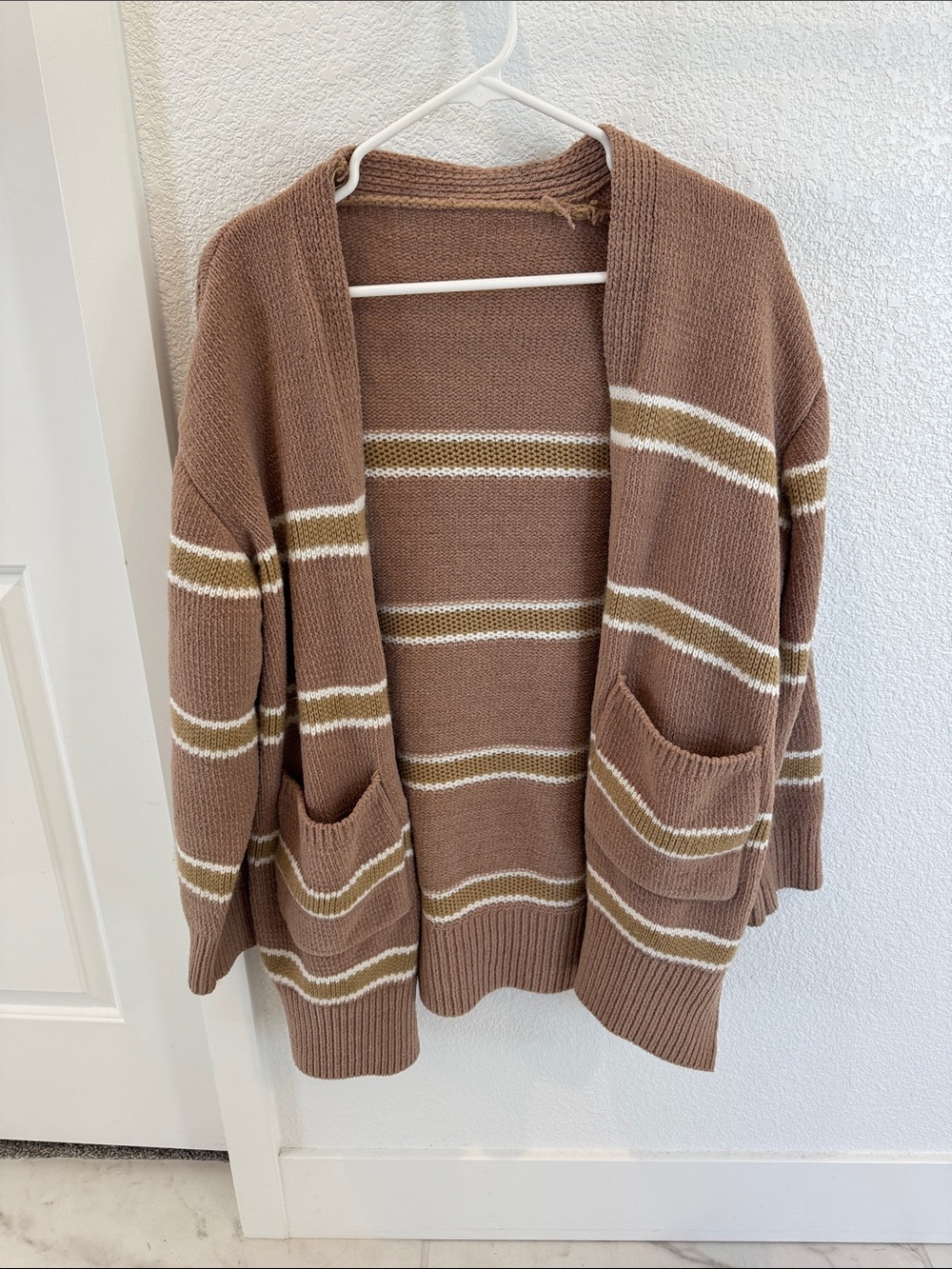 Women's Brown Striped Open-Front Cardigan